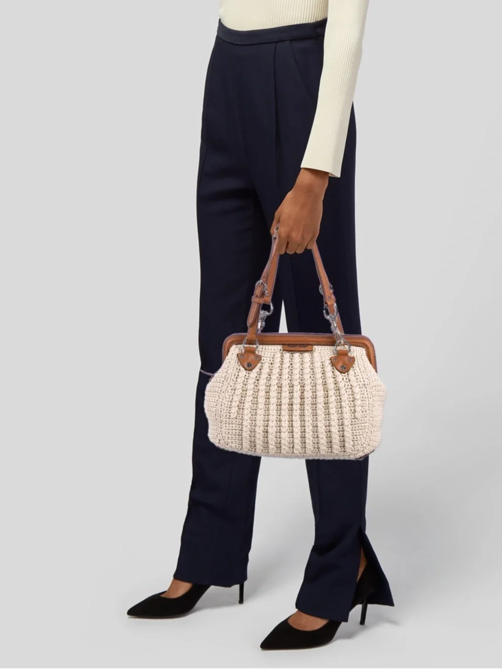 Miu Miu Beige Crochet Frame-Top Clutch with Brown Leather Trim - Picture 5 of 5